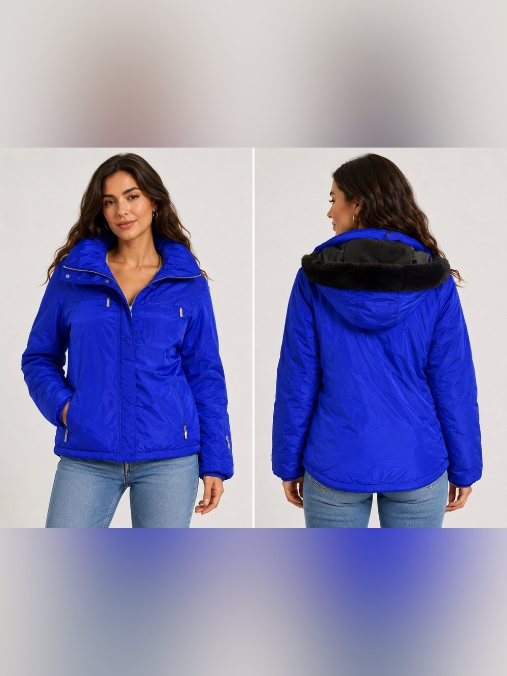 FERA Platinum Royal Blue Women's Snow Ski Jacket Faux Fur Hood 10 Ten Medium